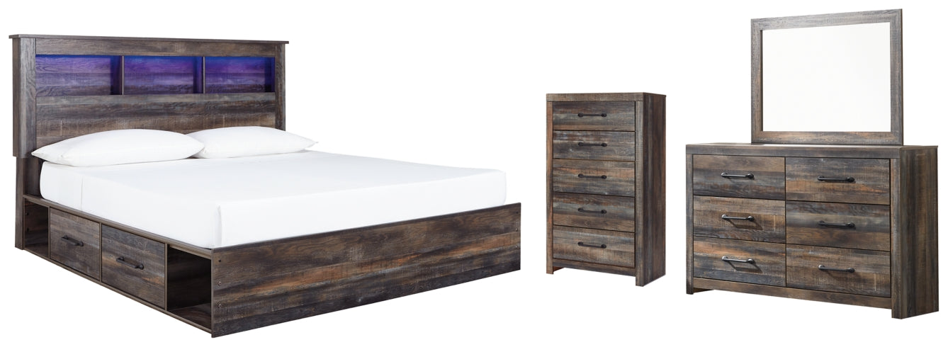 Drystan King Bookcase Bed with 2 Storage Drawers with Mirrored Dresser and Chest - PKG003379 - furniture place usa