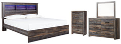 Drystan King Panel Bookcase Bed with Mirrored Dresser and Chest - furniture place usa