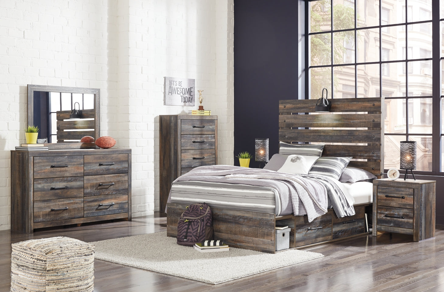 Drystan Twin Panel Bed with 2 Storage Drawers with Mirrored Dresser, Chest and 2 Nightstands - furniture place usa