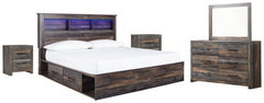 Drystan King Bookcase Bed with 2 Storage Drawers with Mirrored Dresser and 2 Nightstands - PKG003377 - furniture place usa