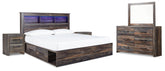 Drystan King Bookcase Bed with 4 Storage Drawers with Mirrored Dresser and 2 Nightstands - PKG003388 - furniture place usa