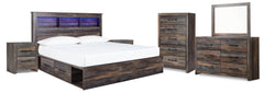 Drystan King Bookcase Bed with 4 Storage Drawers with Mirrored Dresser, Chest and 2 Nightstands - furniture place usa