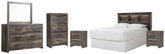 Drystan Queen/Full Bookcase Headboard Bed with Mirrored Dresser, Chest and 2 Nightstands - furniture place usa