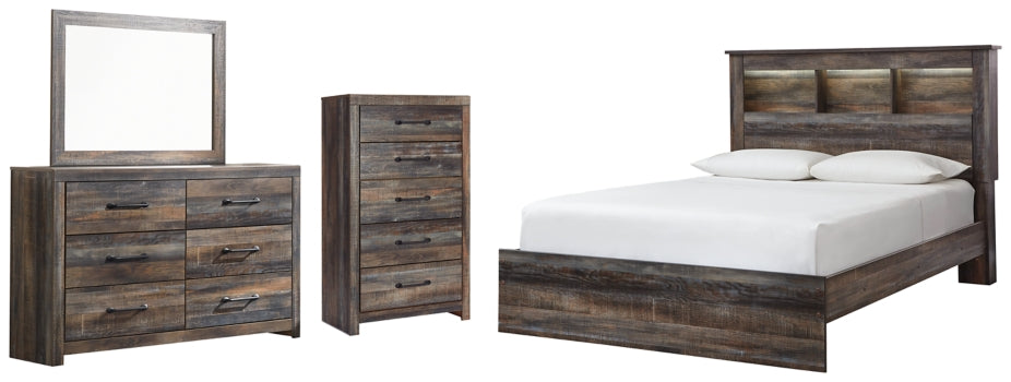 Drystan Queen Bookcase Bed with Mirrored Dresser and Chest - furniture place usa