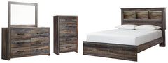 Drystan Queen Bookcase Bed with Mirrored Dresser and Chest - furniture place usa
