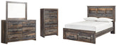 Drystan Full Bookcase Bed with 2 Storage Drawers with Mirrored Dresser and Chest - PKG003237 - furniture place usa