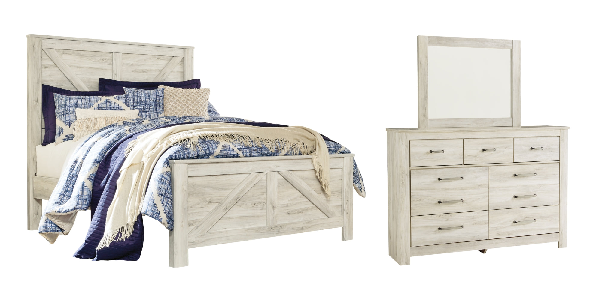 Bellaby Queen Crossbuck Panel Bed with Mirrored Dresser - furniture place usa