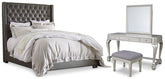 Coralayne Queen Upholstered Bed and Vanity with Mirror and Stool - furniture place usa