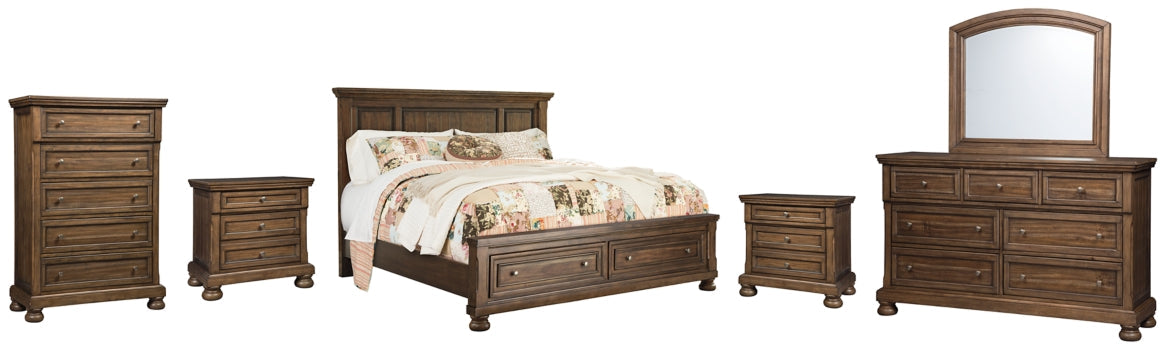 Flynnter Queen Panel Bed with 2 Storage Drawers with Mirrored Dresser, Chest and 2 Nightstands - furniture place usa