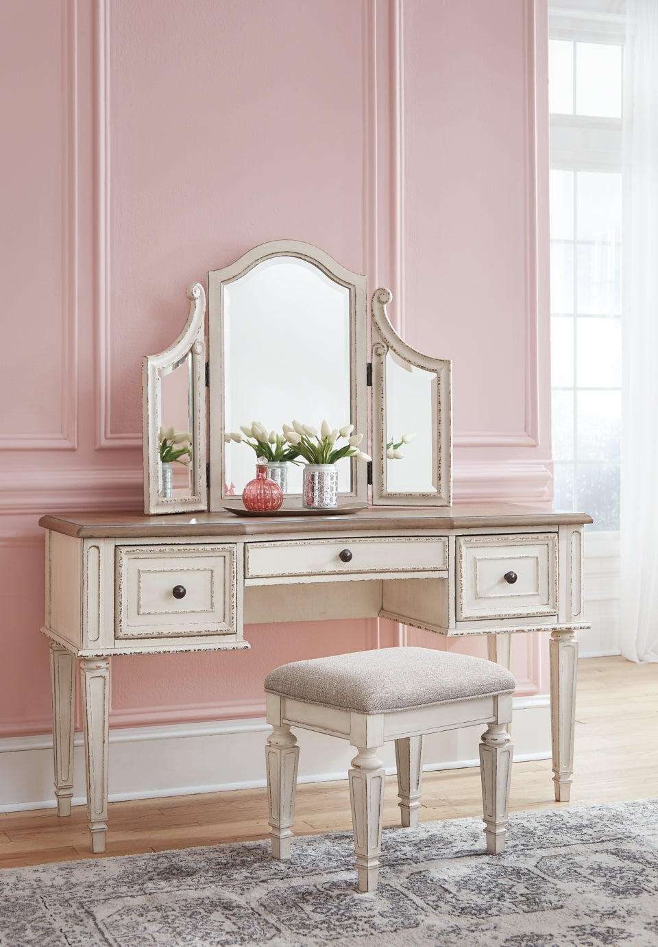 Realyn Vanity and Mirror with Stool - furniture place usa
