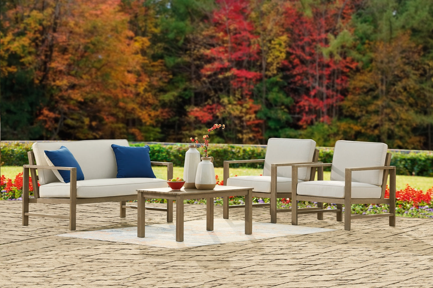 Fynnegan Outdoor Loveseat, 2 Lounge Chairs and Coffee Table - furniture place usa