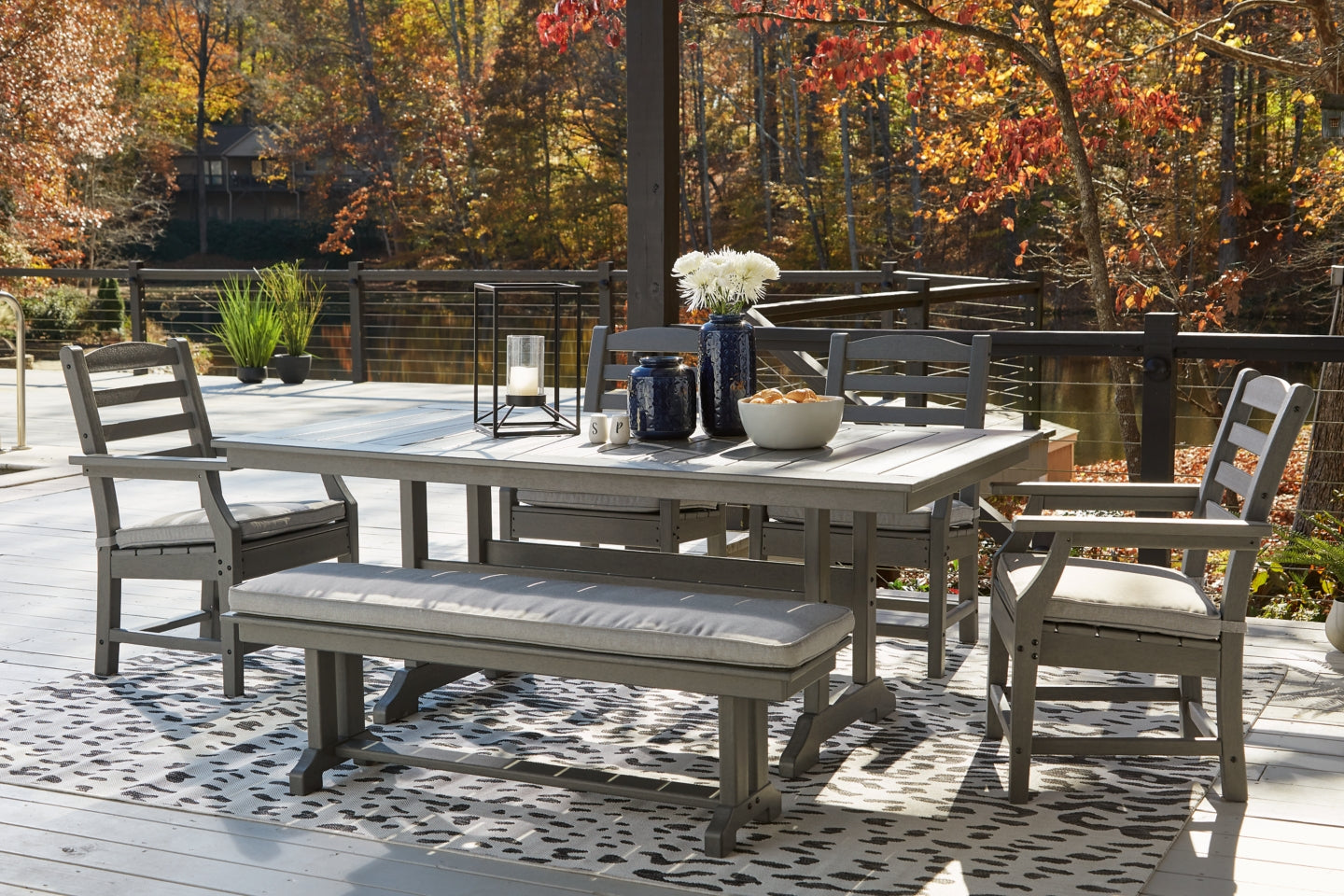 Visola Outdoor Dining Table and 4 Chairs and Bench - furniture place usa