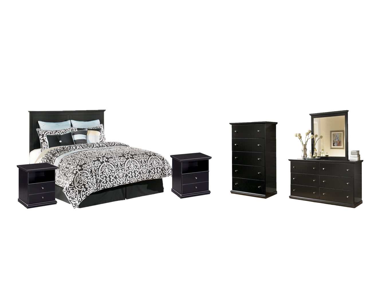 Maribel Queen/Full Panel Headboard Bed with Mirrored Dresser, Chest and 2 Nightstands - furniture place usa