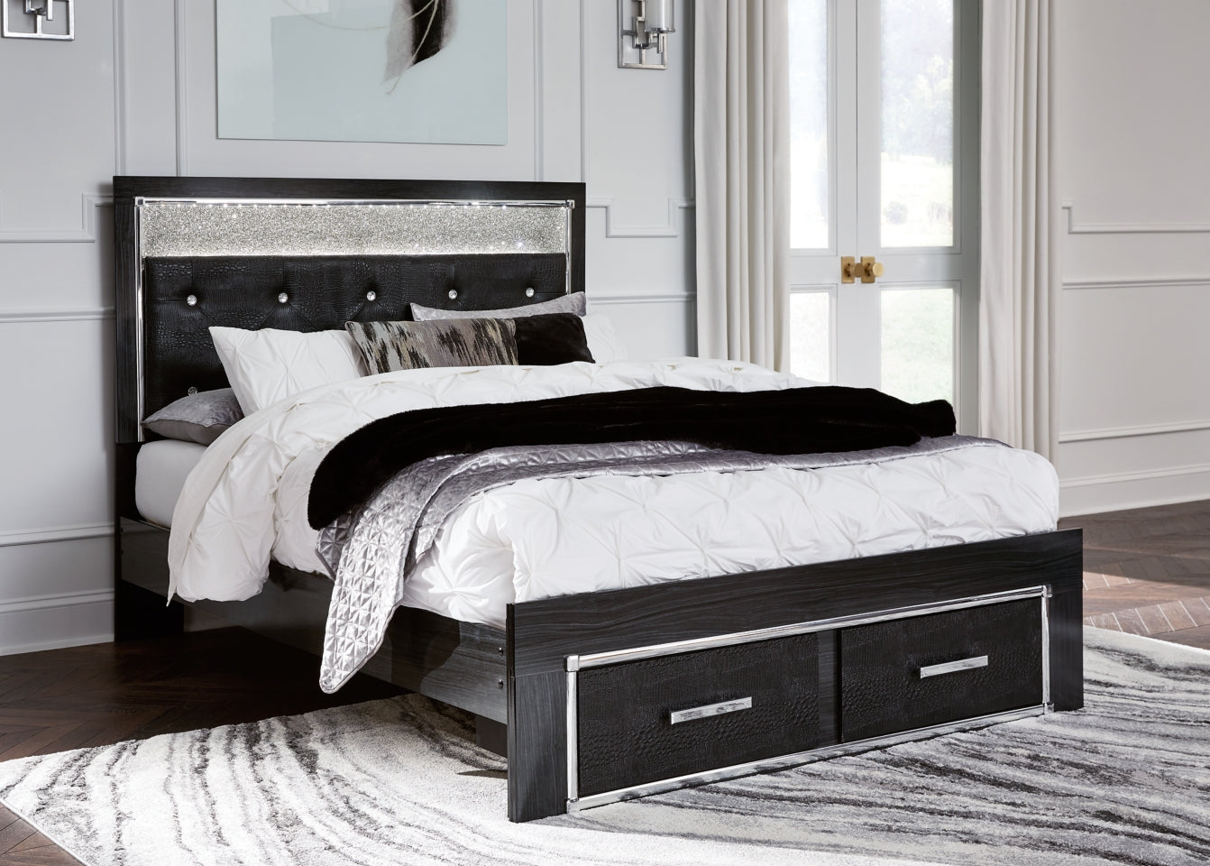 Kaydell Queen Upholstered Panel Storage Bed with Mirrored Dresser, Chest and 2 Nightstands - furniture place usa