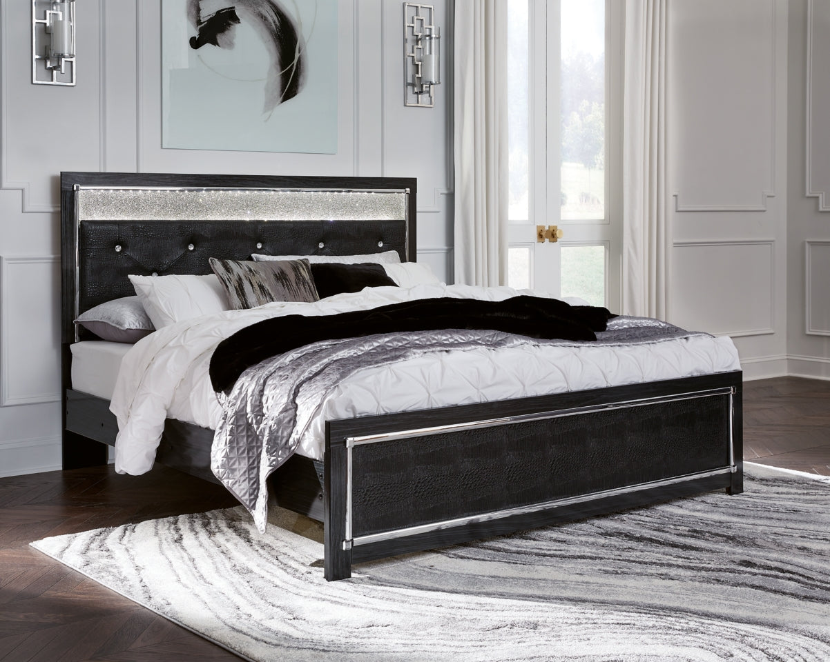 Kaydell King Upholstered Panel Platform Bed with Mirrored Dresser, Chest and Nightstand - furniture place usa