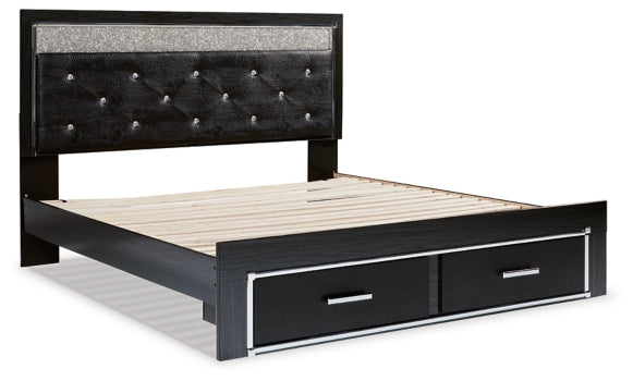 Kaydell King Upholstered Panel Storage Platform Bed with Mirrored Dresser and Chest - furniture place usa