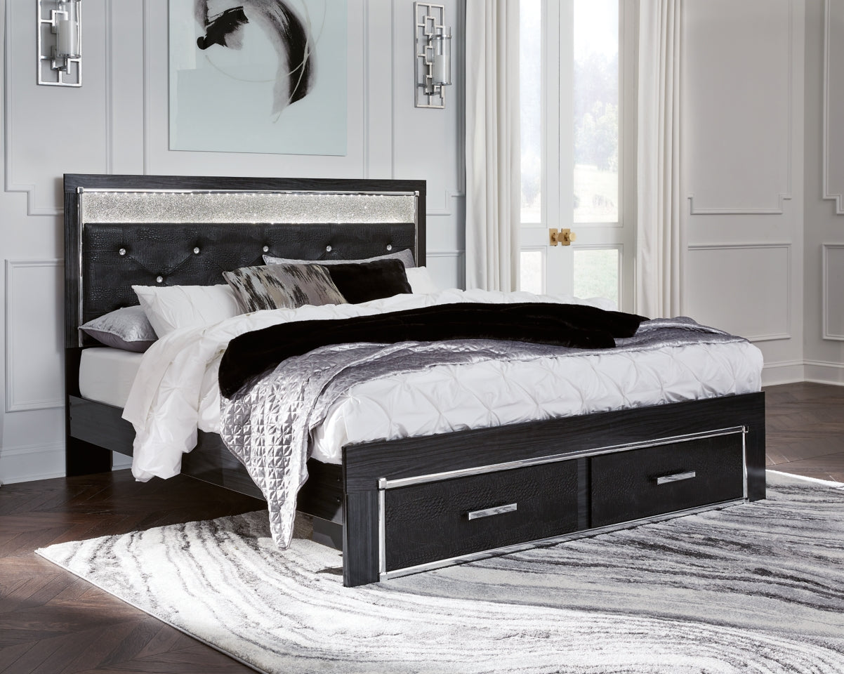 Kaydell King Upholstered Panel Storage Platform Bed with Mirrored Dresser, Chest and 2 Nightstands - furniture place usa