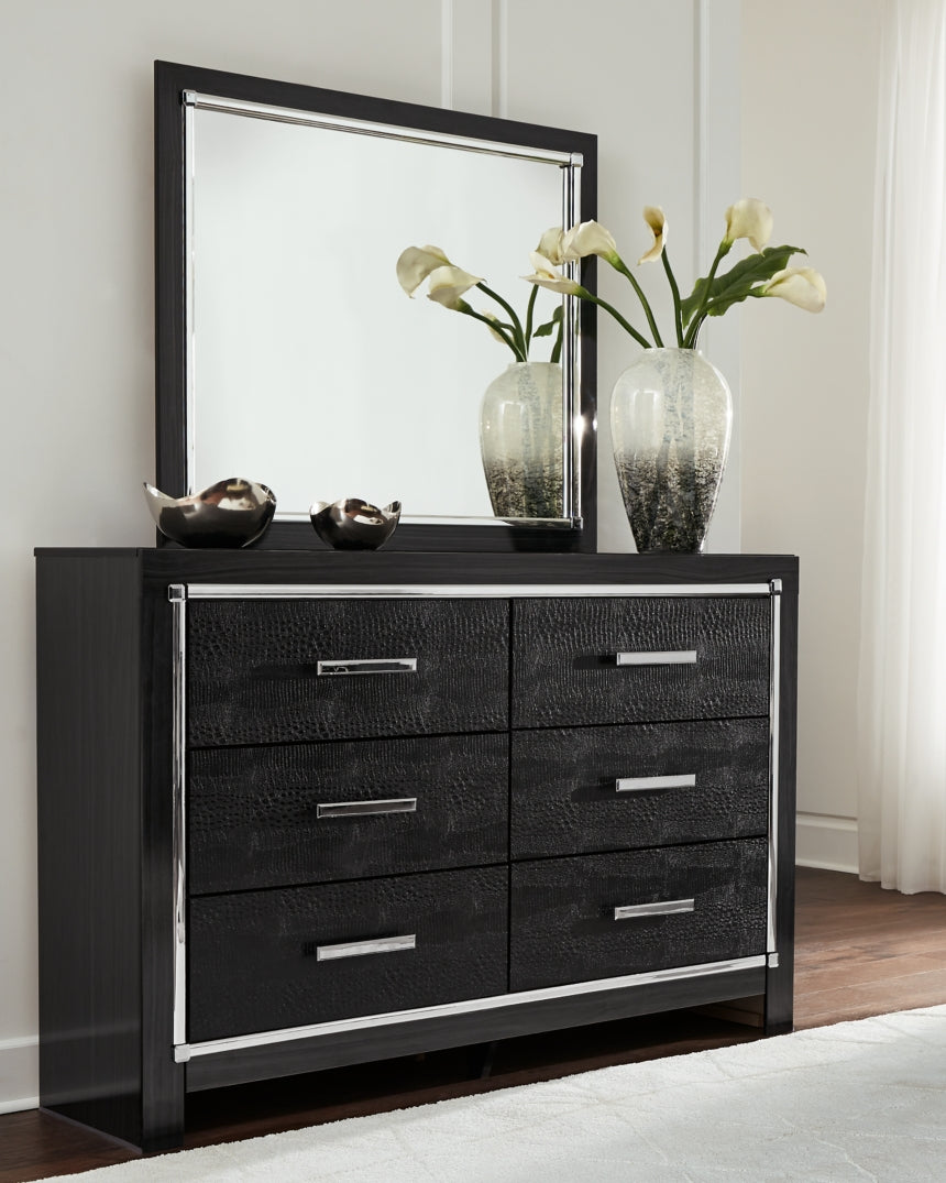 Kaydell King Upholstered Panel Headboard with Mirrored Dresser, Chest and Nightstand - furniture place usa
