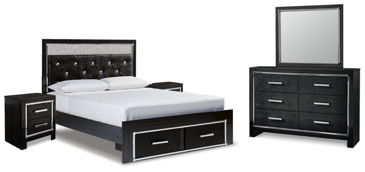 Kaydell Queen Upholstered Panel Storage Bed with Mirrored Dresser and 2 Nightstands - furniture place usa