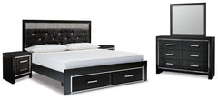 Kaydell King Upholstered Panel Storage Platform Bed with Mirrored Dresser and 2 Nightstands - furniture place usa