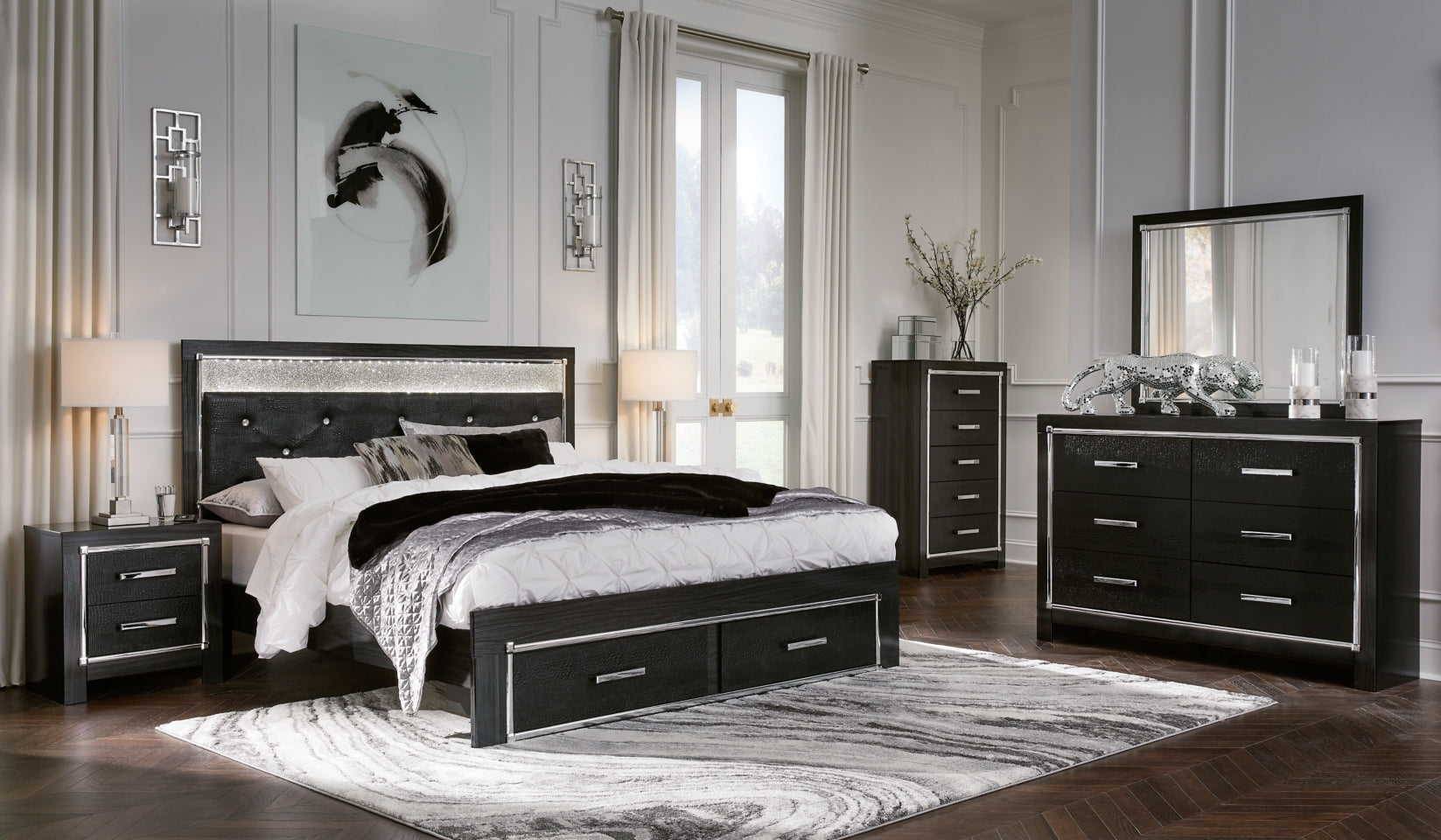 Kaydell King Upholstered Panel Storage Bed with Mirrored Dresser, Chest and Nightstand - furniture place usa