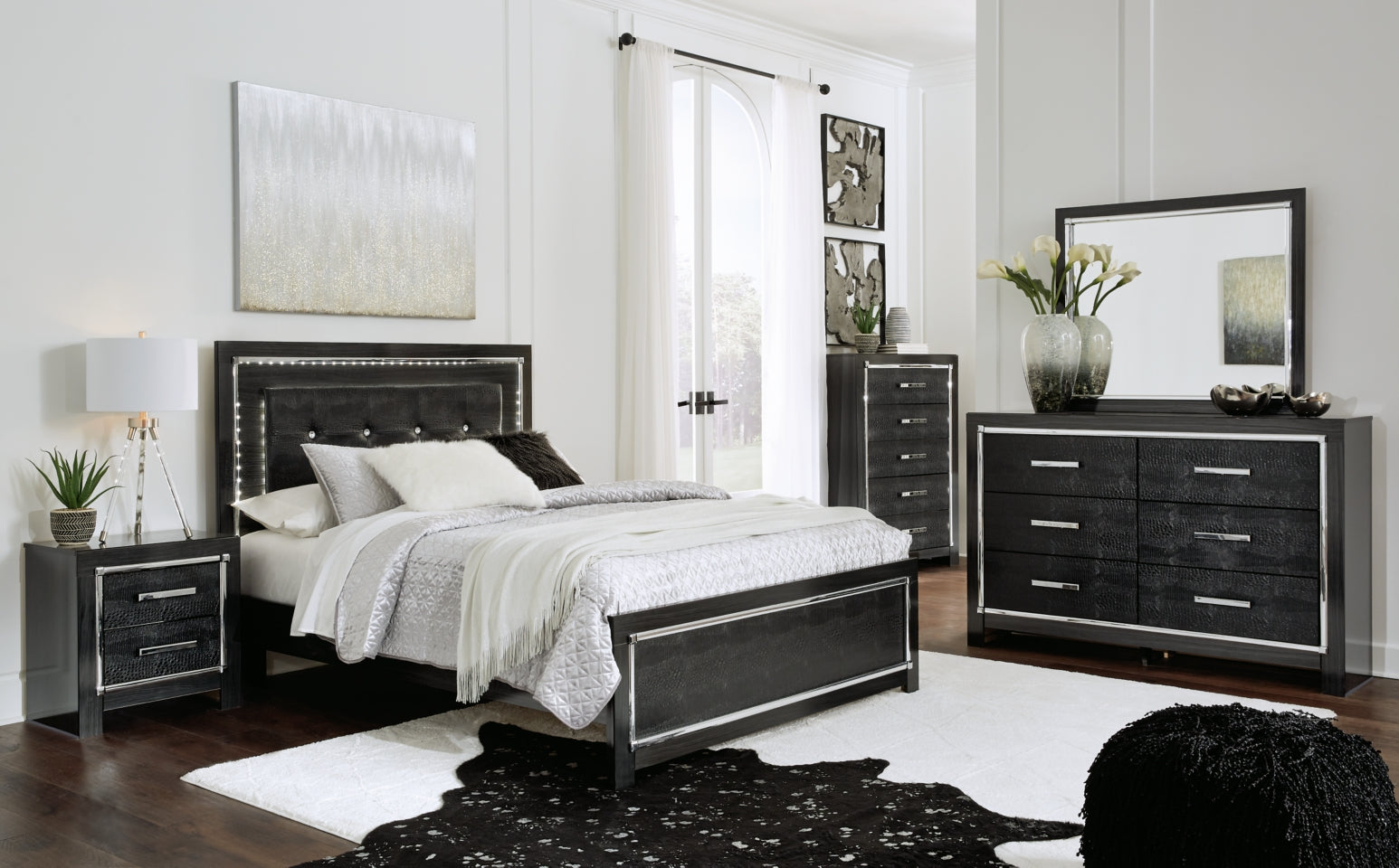 Kaydell Queen/Full Upholstered Panel Headboard Bed with Mirrored Dresser and 2 Nightstands - furniture place usa