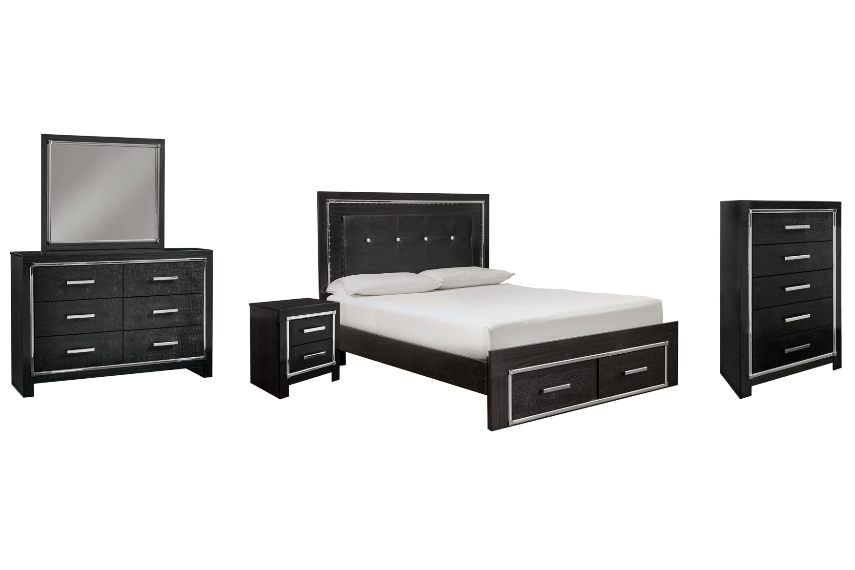 Kaydell Queen Panel Bed with Storage with Mirrored Dresser, Chest and Nightstand - furniture place usa