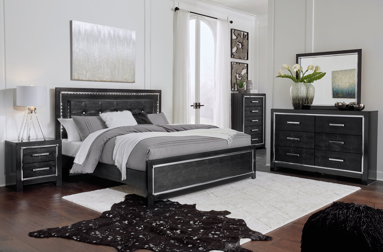 Kaydell King/California King Upholstered Panel Headboard Bed with Mirrored Dresser and 2 Nightstands - furniture place usa
