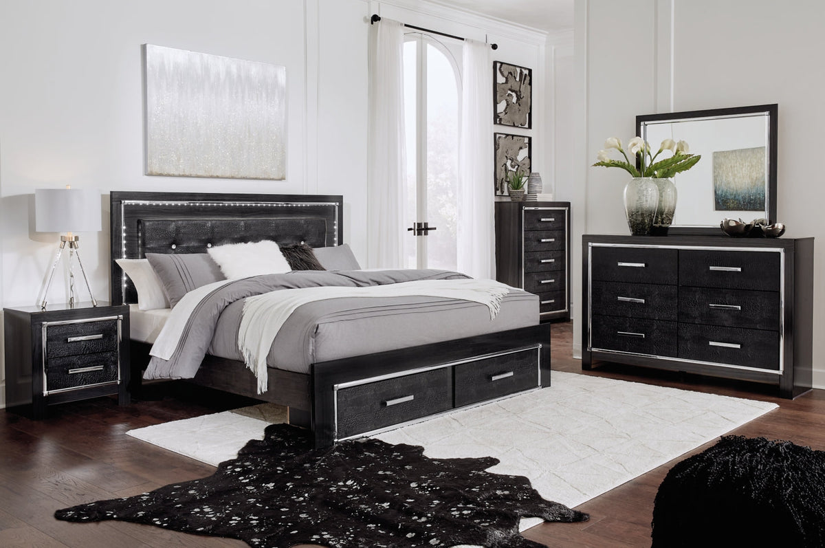 Kaydell King Panel Bed with Storage with Mirrored Dresser, Chest and Nightstand - furniture place usa
