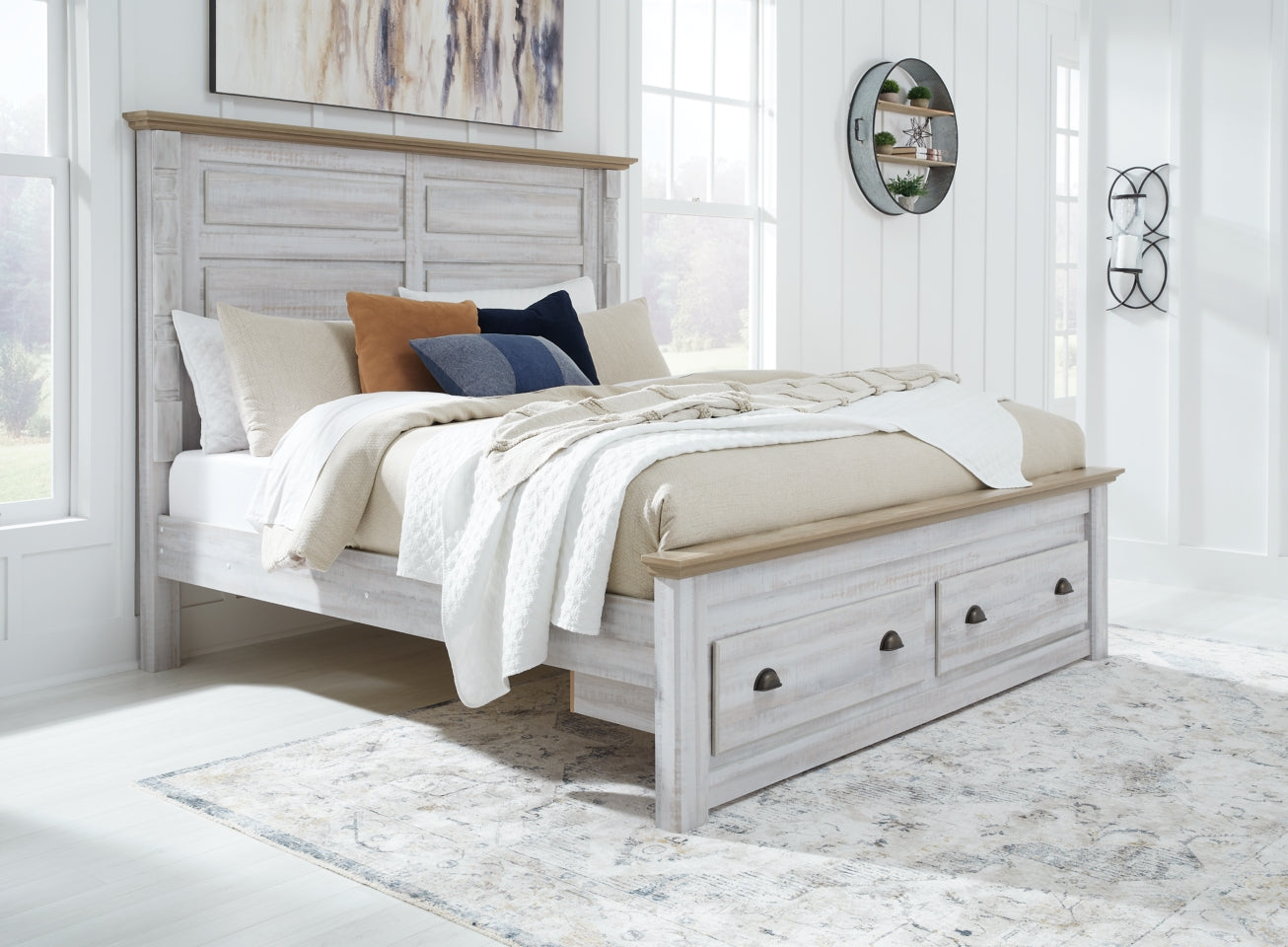 Haven Bay King Panel Storage Bed with Mirrored Dresser, Chest and 2 Nightstands - furniture place usa