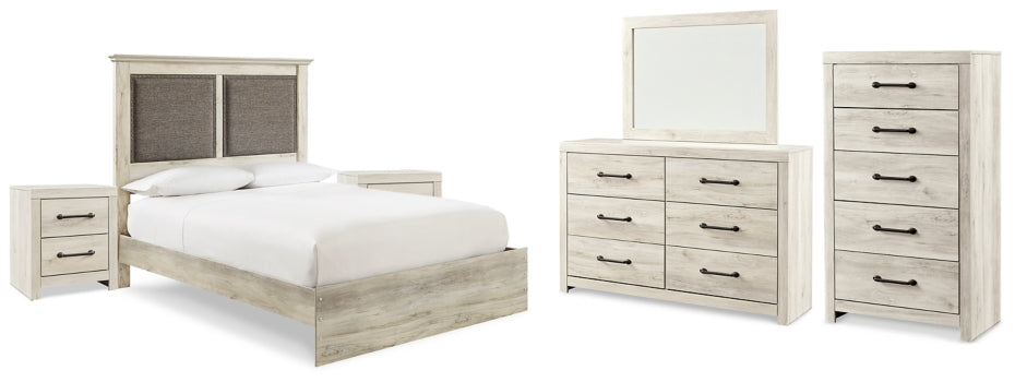 Cambeck Queen Upholstered Panel Bed with Mirrored Dresser, Chest and 2 Nightstands - furniture place usa