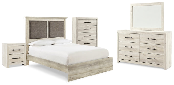 Cambeck King Upholstered Panel Bed with Mirrored Dresser, Chest and Nightstand - furniture place usa