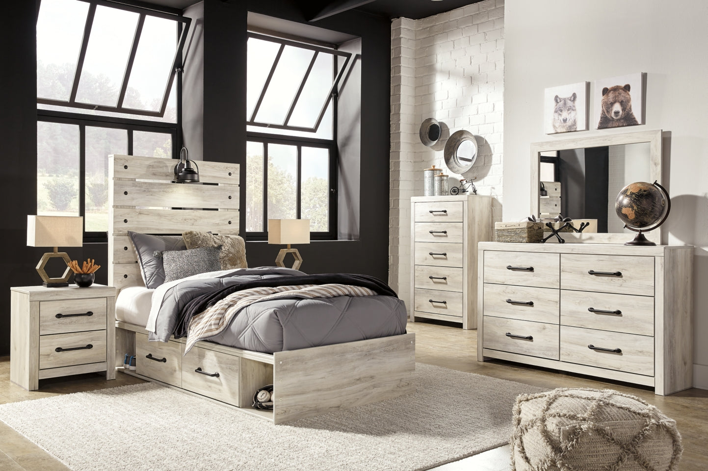 Cambeck Twin Panel Bed with 2 Storage Drawers with Mirrored Dresser, Chest and Nightstand - furniture place usa