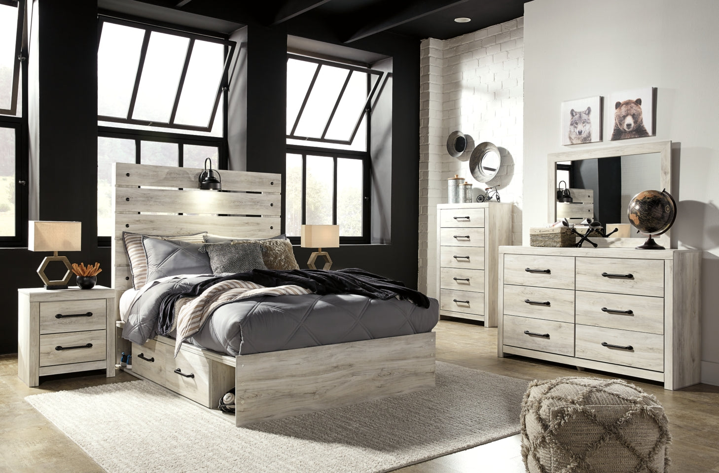 Cambeck Twin Panel Bed with 2 Storage Drawers with Mirrored Dresser, Chest and 2 Nightstands - furniture place usa