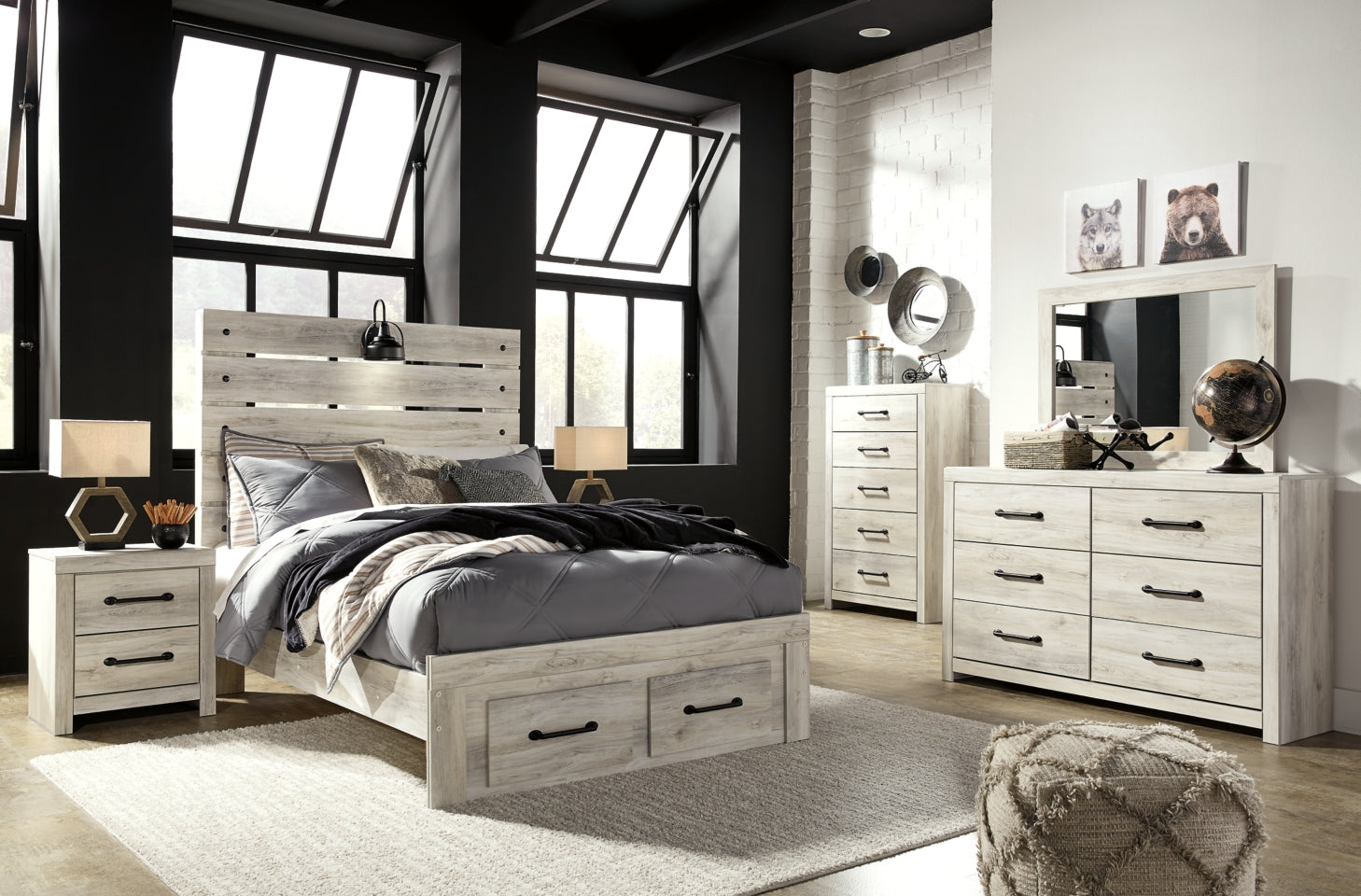 Cambeck Queen Panel Bed with 4 Storage Drawers with Mirrored Dresser, Chest and Nightstand - furniture place usa