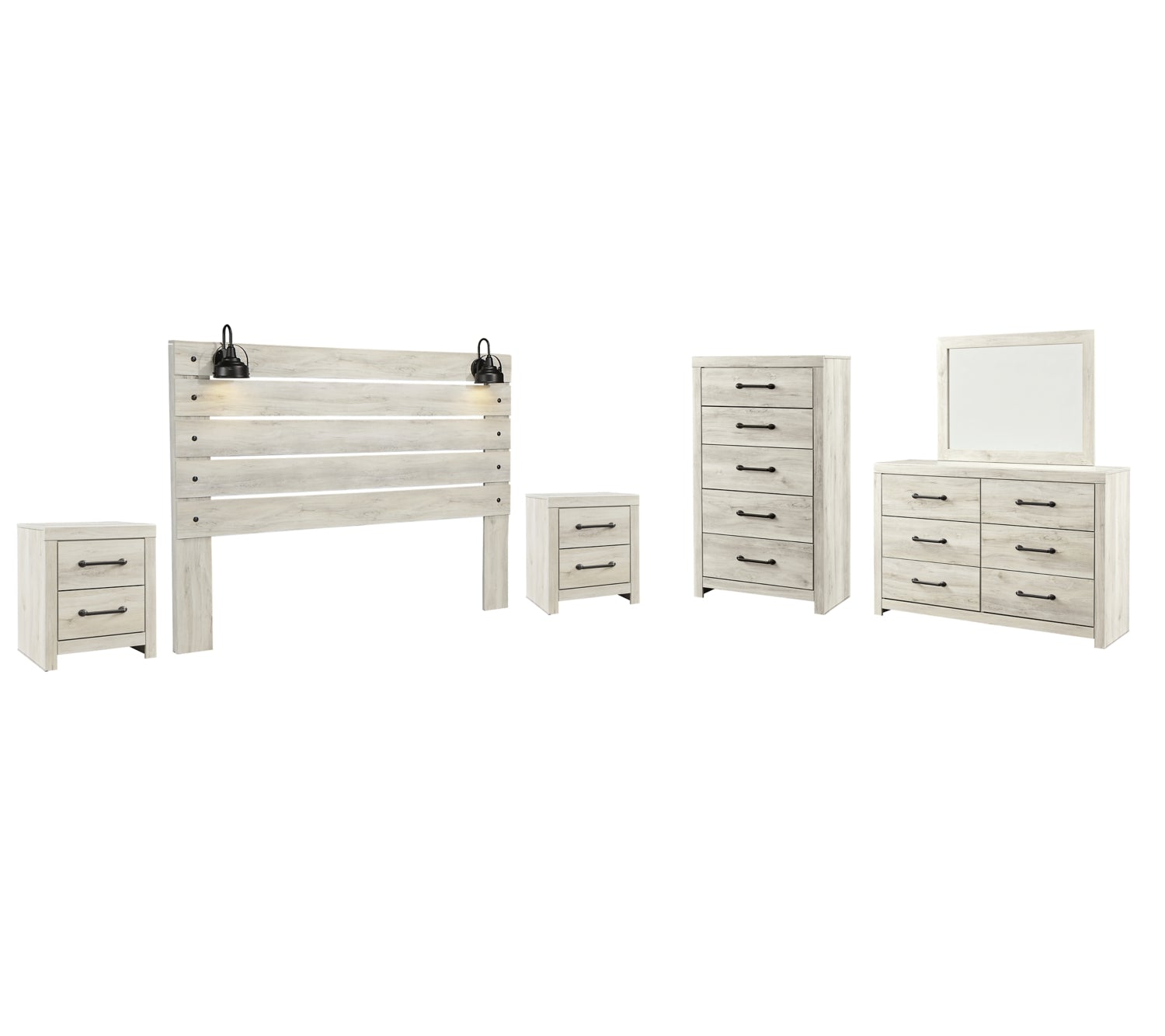 Cambeck Twin Panel Headboard Bed with Mirrored Dresser, Chest and 2 Nightstands - furniture place usa