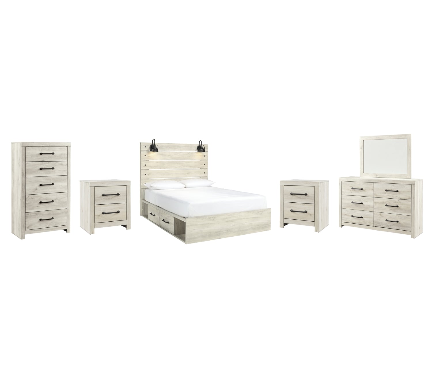 Cambeck Twin Panel Bed with 2 Storage Drawers with Mirrored Dresser, Chest and 2 Nightstands - furniture place usa