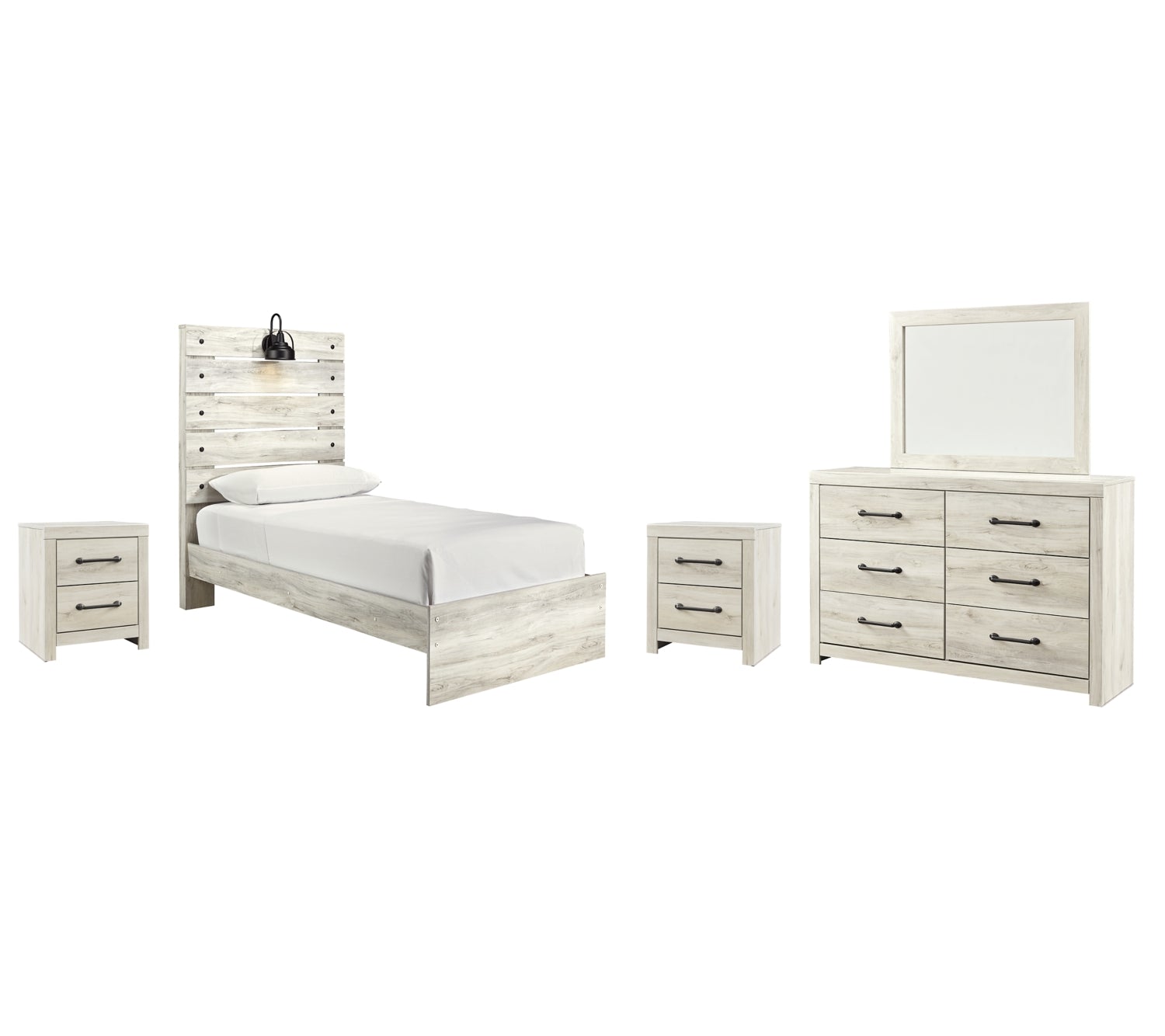 Cambeck Twin Panel Bed with Mirrored Dresser and 2 Nightstands - furniture place usa