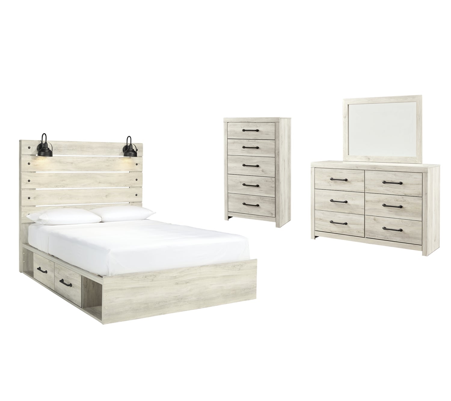 Cambeck Twin Panel Bed with 4 Storage Drawers with Mirrored Dresser and Chest - furniture place usa