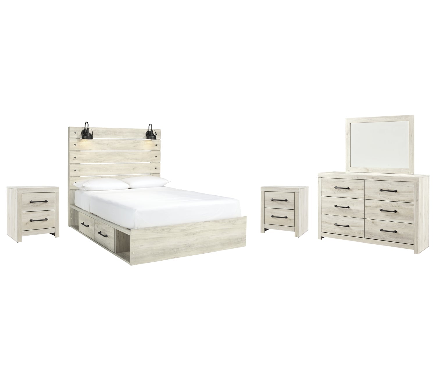 Cambeck Twin Panel Bed with 4 Storage Drawers with Mirrored Dresser and 2 Nightstands - furniture place usa
