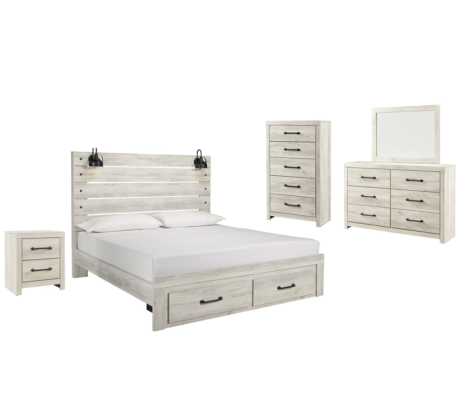 Cambeck King Panel Bed with 2 Storage Drawers with Mirrored Dresser, Chest and Nightstand - PKG003047 - furniture place usa