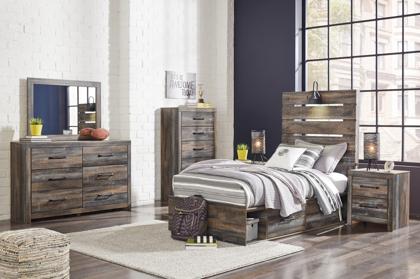 Drystan Twin Panel Bed with 4 Storage Drawers with Mirrored Dresser, Chest and 2 Nightstands - furniture place usa