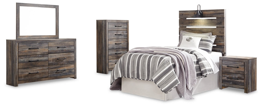 Drystan Twin Panel Headboard Bed with Mirrored Dresser, Chest and Nightstand - furniture place usa