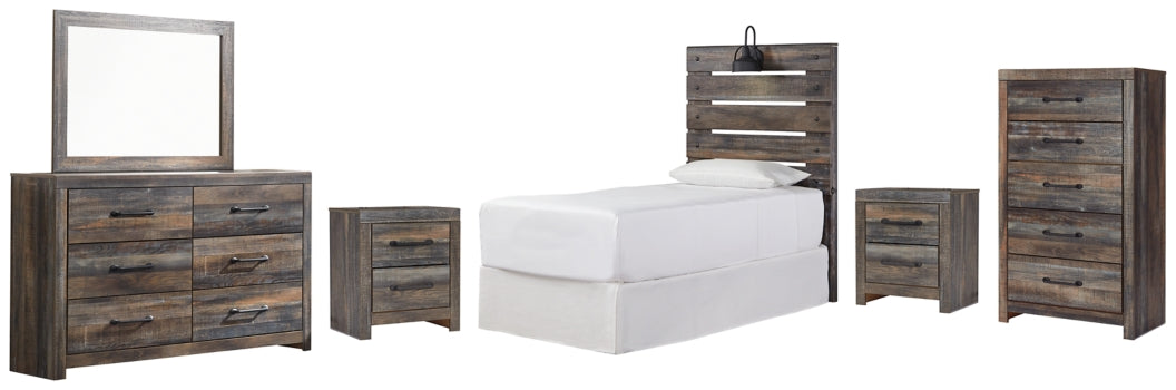Drystan Twin Panel Headboard Bed with Mirrored Dresser, Chest and 2 Nightstands - furniture place usa