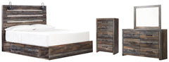 Drystan King Panel Bed with 4 Storage Drawers with Mirrored Dresser and Chest - furniture place usa