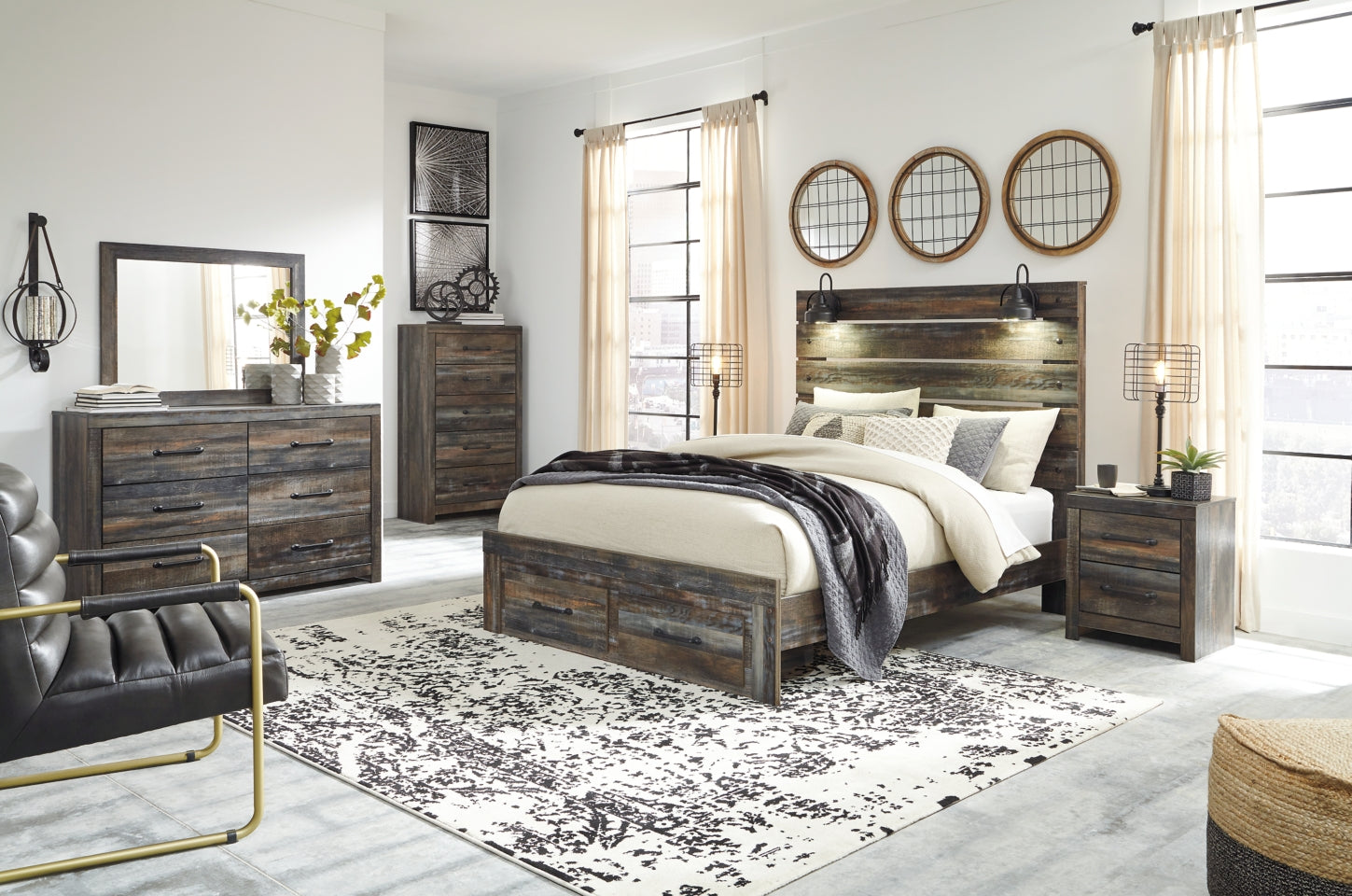 Drystan Queen Panel Bed with 2 Storage Drawers with Mirrored Dresser and Chest - PKG003255 - furniture place usa