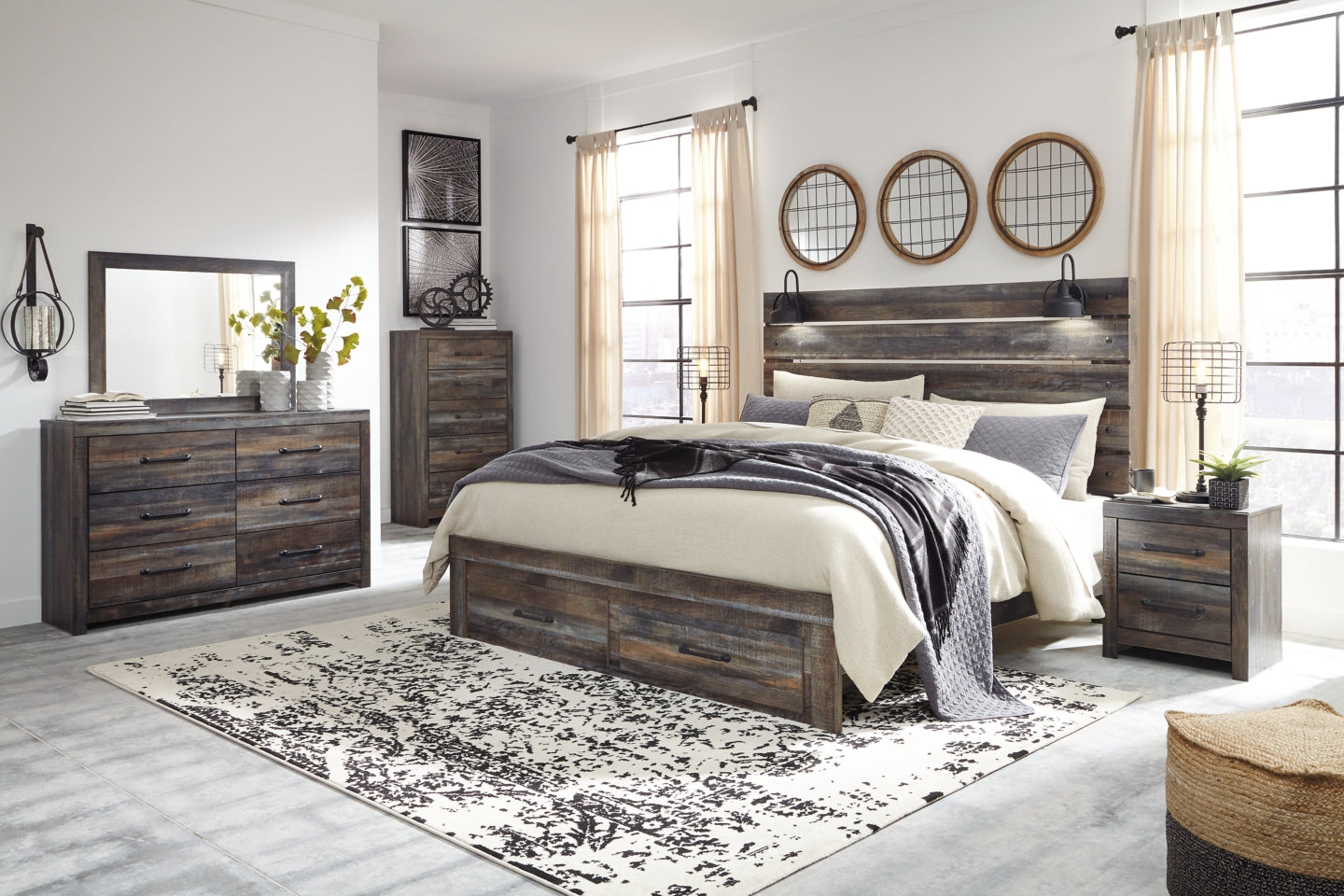 Drystan Queen Panel Bed with 2 Storage Drawers with Mirrored Dresser and 2 Nightstands - PKG003254 - furniture place usa