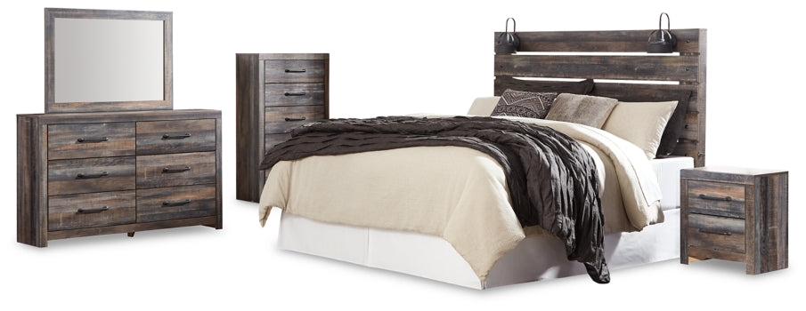 Drystan King Panel Headboard Bed with Mirrored Dresser, Chest and Nightstand - furniture place usa