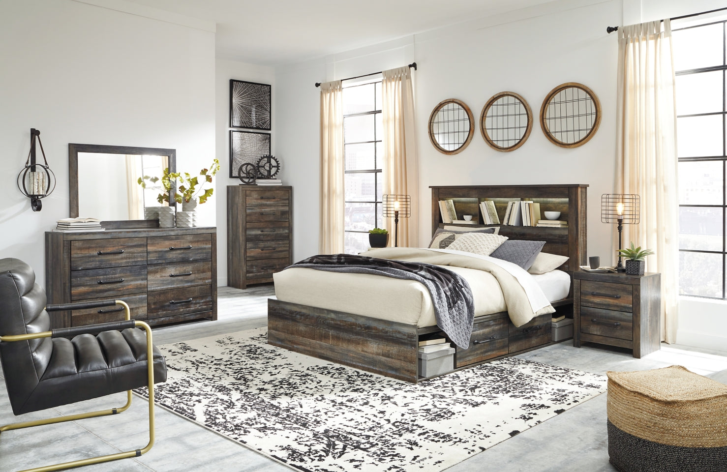 Drystan Queen Bookcase Bed with 4 Storage Drawers with Mirrored Dresser, Chest and 2 Nightstands - furniture place usa