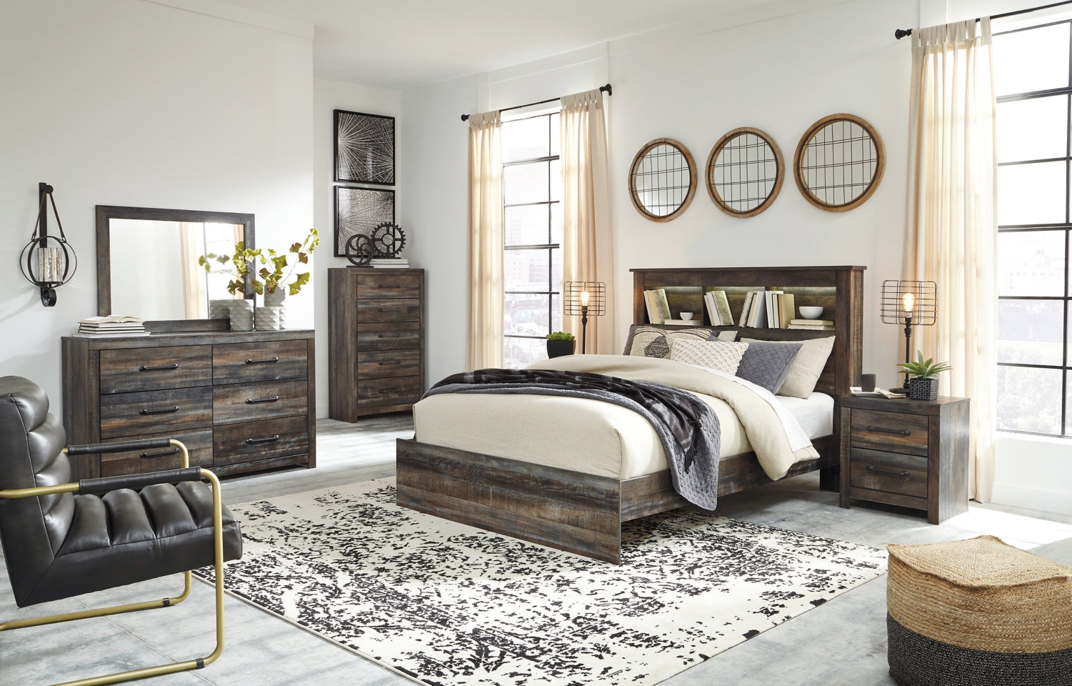 Drystan Queen/Full Bookcase Headboard Bed with Mirrored Dresser, Chest and 2 Nightstands - furniture place usa